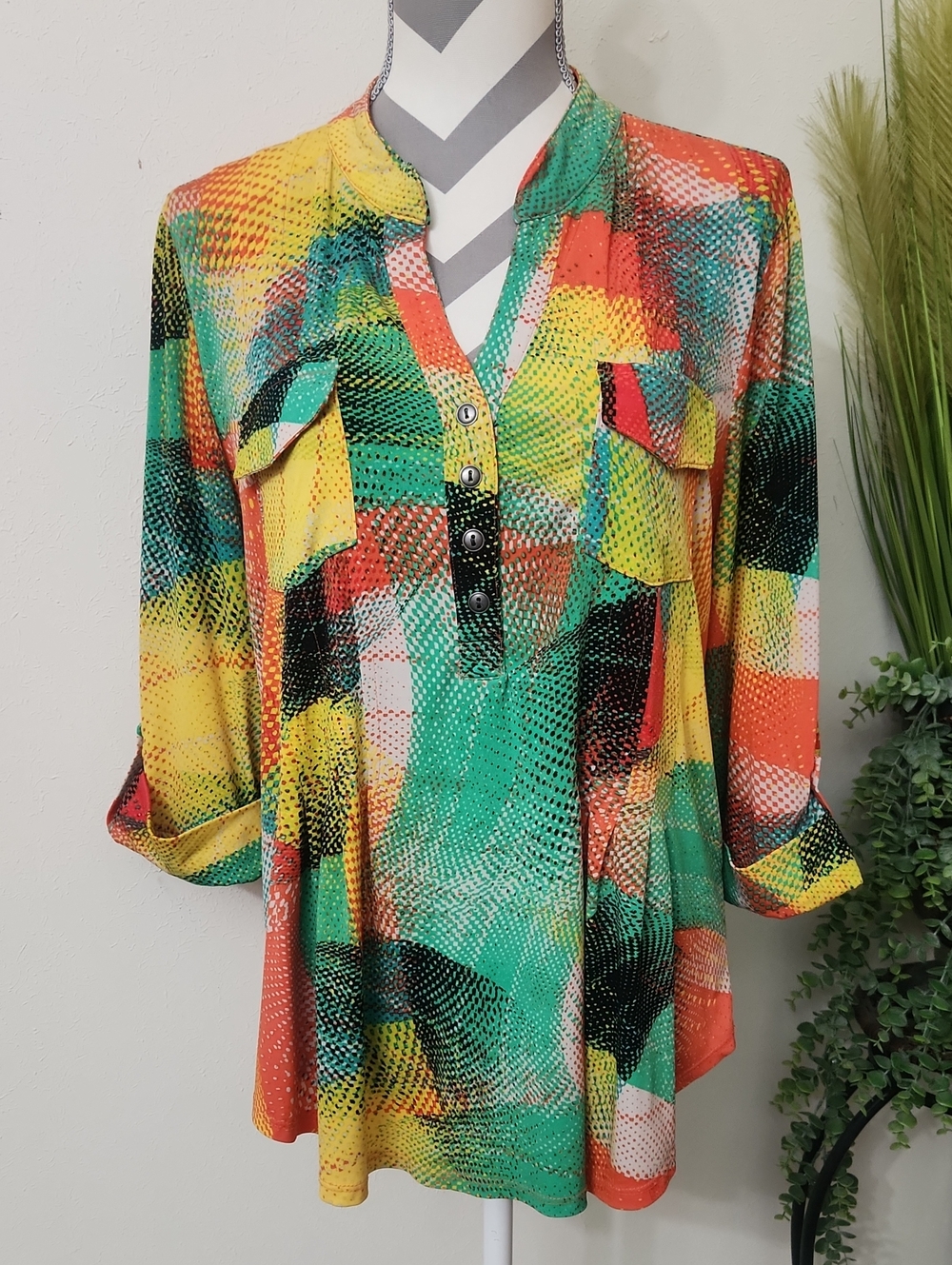 new directions Bright Abstract Colorblock V-Neck Blouse